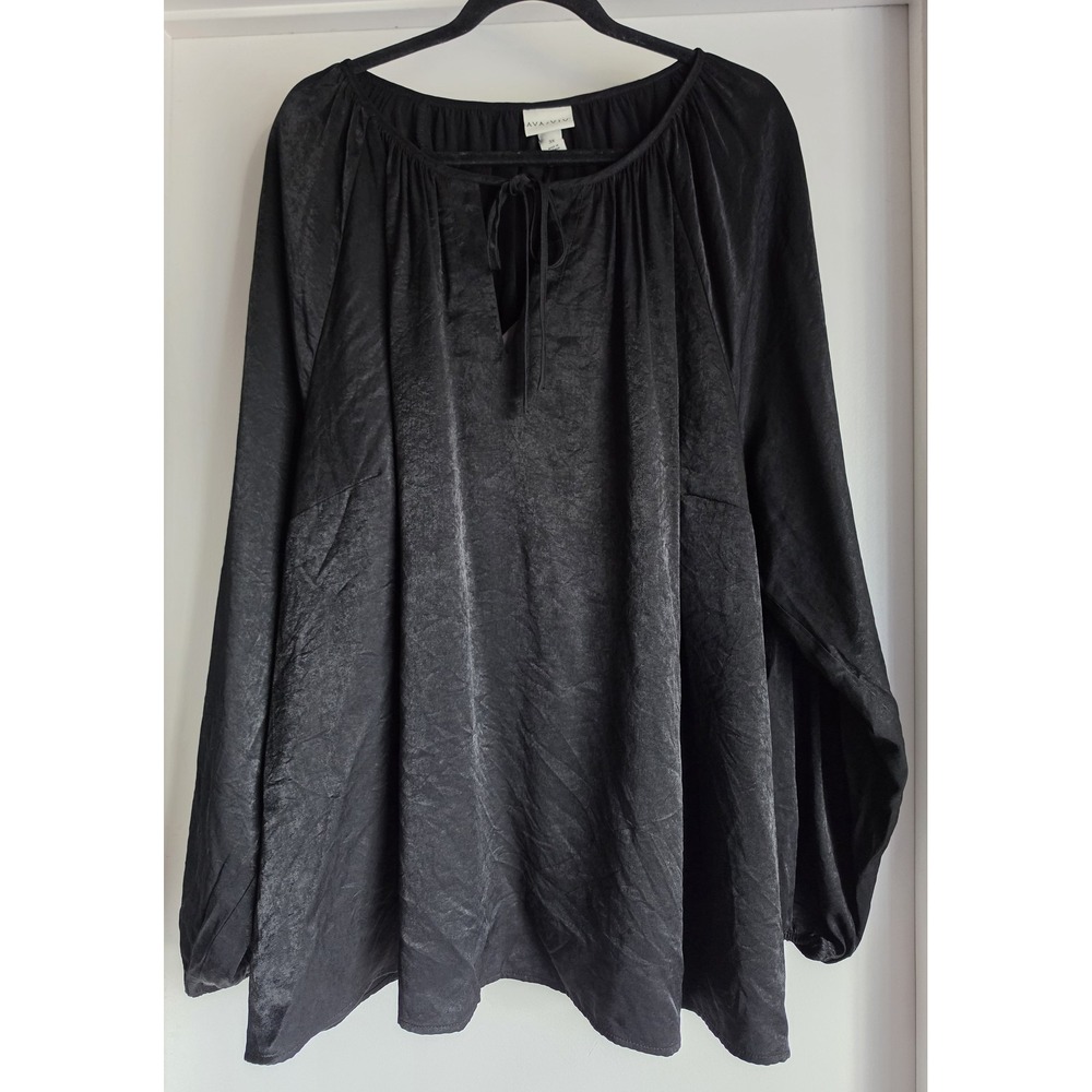 NWT Ava & Viv Blouse Women 3X Black Satin Split Neck Long Sleeve Top Shirt Plus
